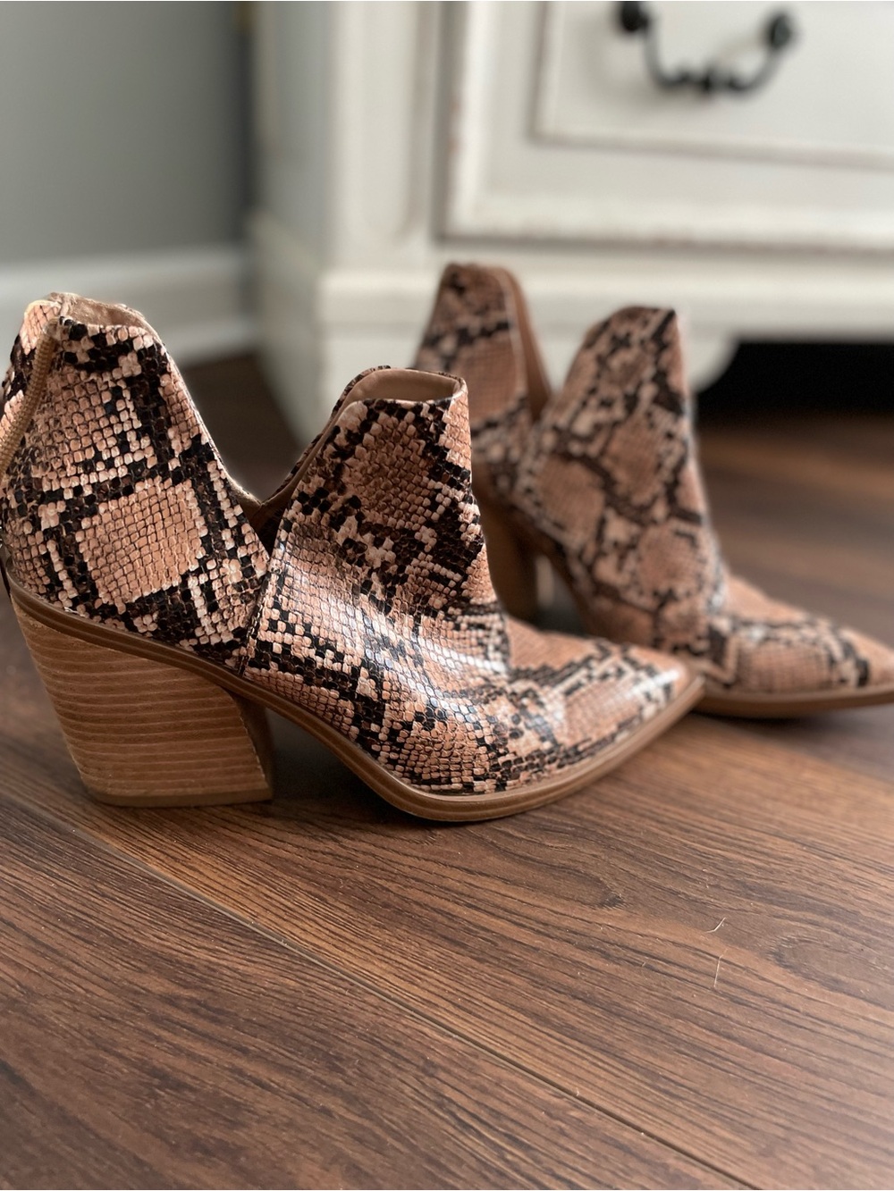 Steve Madden Tan and Black Snake-Print Ankle Booties